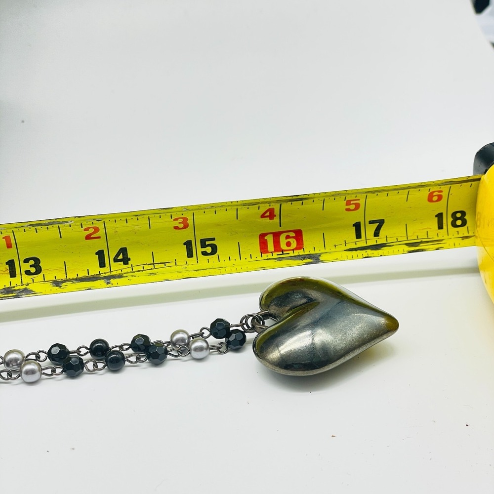 Heart Pendant Necklace Black Beaded Chain Silver Tone Long Fashion Jewelry - Picture 4 of 7